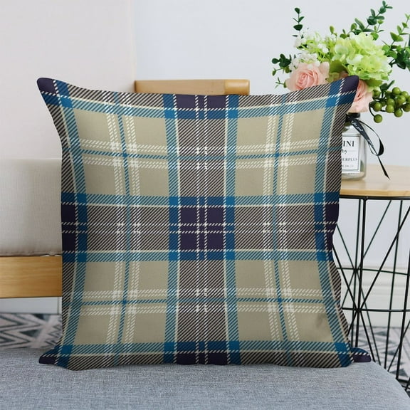 Blue Tartan Plaid Linen Throw Pillow Covers 18"x18" Decorative Cushion Cases with Hidden Zipper for Sofa, Couch, Bed, Living Room–No Insert Made in USA