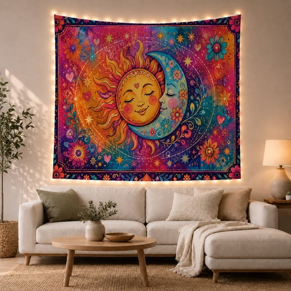 Sun and Moon Touching Among Stars, Mystical Boho for Celestial Art Lovers, Colorful Botanical Wall Art, Housewarming Gift, Tapestry Wall Hanging for Bedroom and Dorm