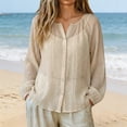 thumbnail image 2 of GZWYHT Cotton Linen Sun Shirt For Women，Womens Athletic Tops Hiking Shirts Swim Shirt Cotton Linen Sun Shirt Retro Vacation Style Long Sleeve Sun Shirt Women Solid Color Beige L, 2 of 9