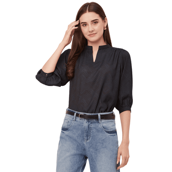 Moomaya Printed Puff Sleeve Tops, Band Collar, Semi-Formal Tops For Women