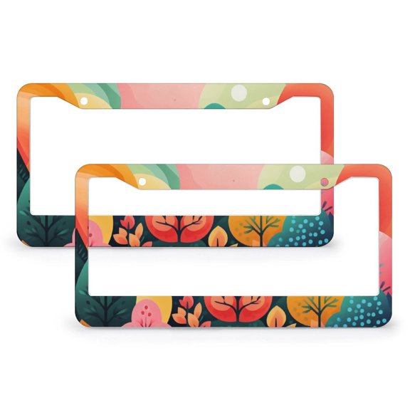 2 Pack Bright Colors Trees License Plate Cover Boho Geometric Modern Classic Car Accessories Aluminum 2 Round Holes for Us Standard Vehicles