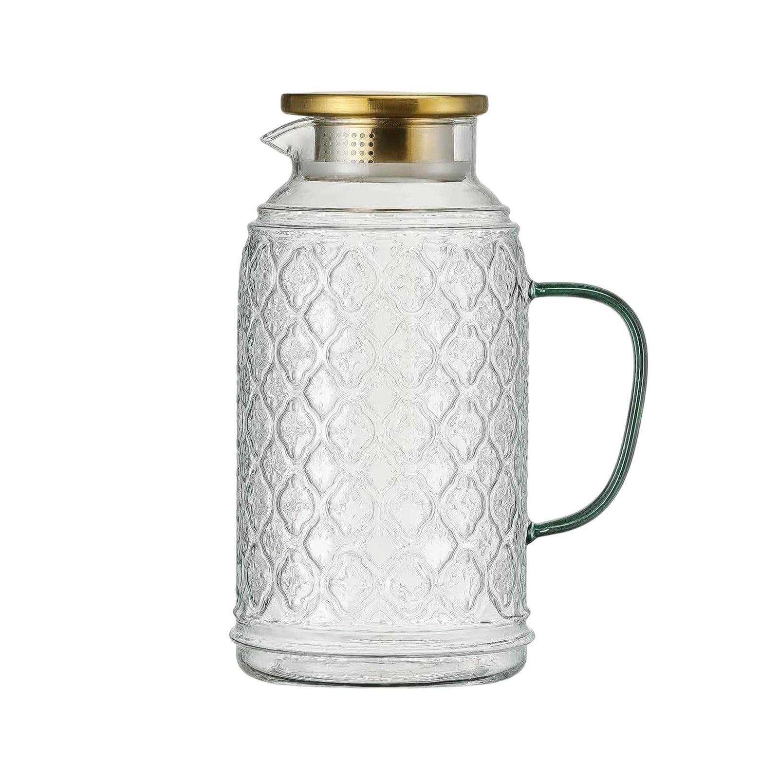 COM1950s Glass Water Pitcher, Large Capacity 2000ml Borosilicate Glass Iced Tea Pitcher, Heat Resistant Water Carafe with Filter Lid, Refrigerator Safe Drink Dispenser for Home Kitchen and Party