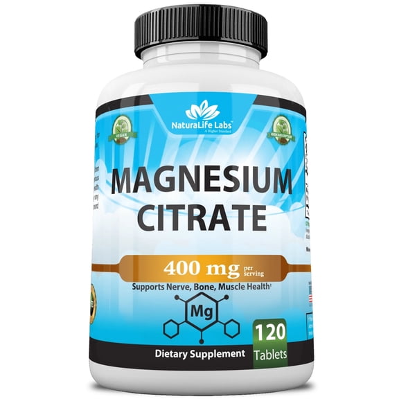 Magnesium Citrate 400 mg - 120 tablets Elemental Magnesium Supports Function of muscles, bones, heart Non-GMO per serving