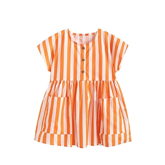 WAYUTE Girls' Dresses Checkered Striped Print Short Sleeve Crewneck Dress with Pocket Woven Party Outfit for Toddler Baby Summer Outdoor