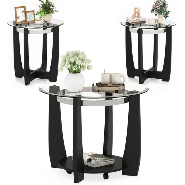 Costway Tempered Glass Coffee Table Set of 3, 2-Tier Coffee Table & 2 Round End Tables Transparent & Black