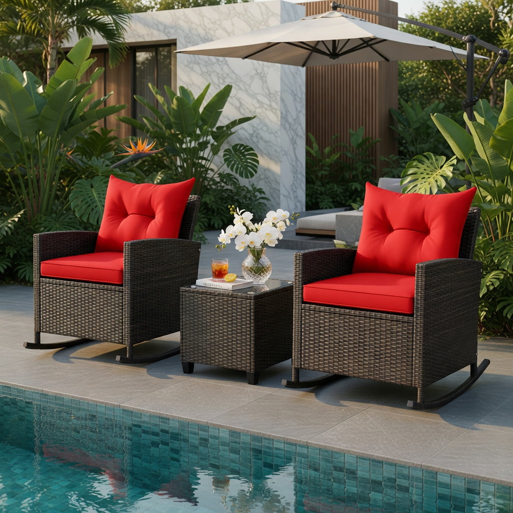 Hommoo 3-Piece Outdoor Rattan Rocking Chair Set with Tempered Glass Coffee Table & Removable Cushions, Red