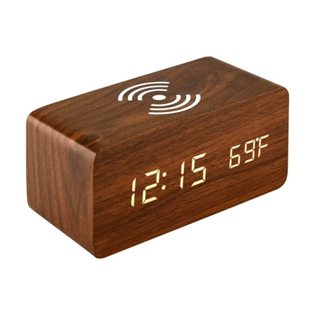 Wooden Digital Alarm Clock with Wireless Charger, LED Display Bedside Clock, USB Charging Station for Phone, Modern Desk Clock, Nightstand Clock with Qi Charging Pad
