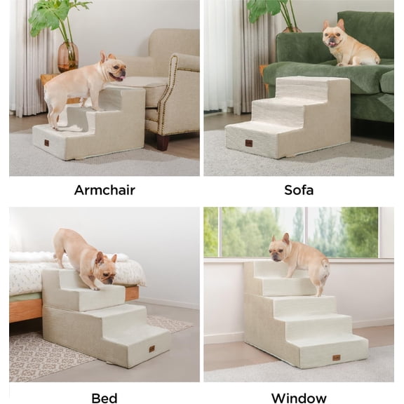 Dog Steps for Bed, Extra Wide Pet Stairs for High Bed Couch Sofa, 35D Foam Pet Steps for Small Dogs and Cats Up to 40lbs, Non-Slip Bottom Pet Stairs, Beige, 4 Steps