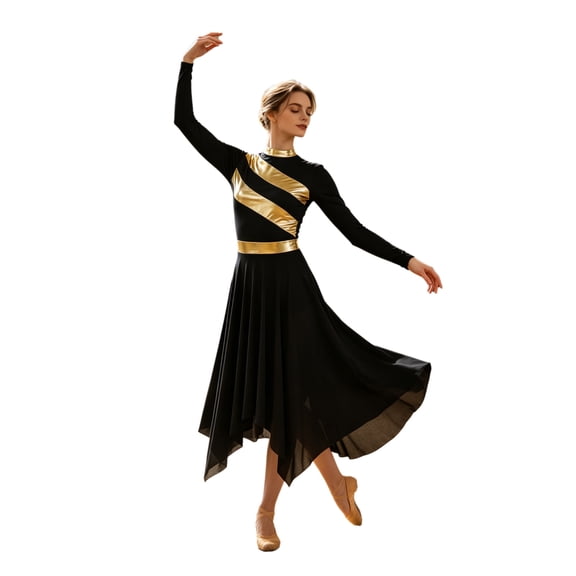 SiiRoh Women Long Sleeve Ballet Dance Dress Modern Lyrical Dance Asymmetrical Liturgical Tunic Church Worship Choir Clothes Black XXL