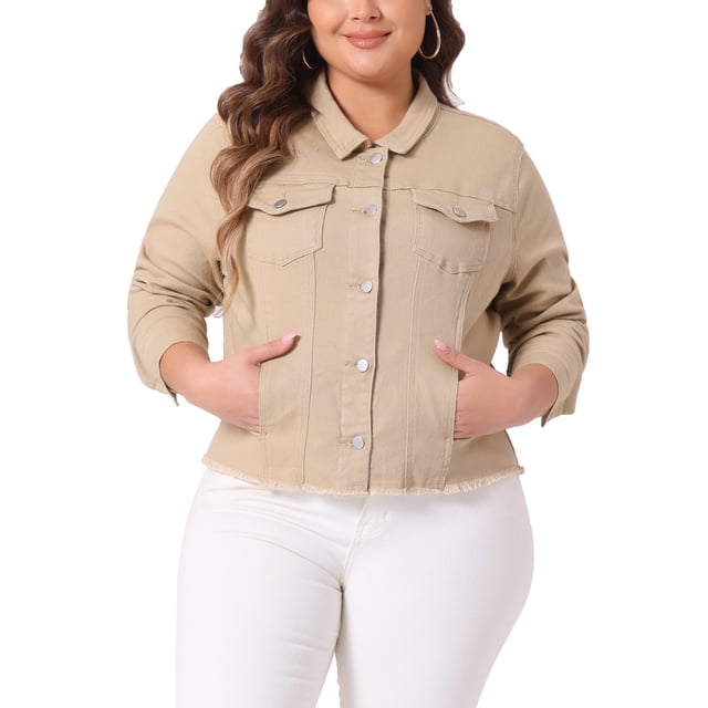 Chaquetas de mezclilla de mujer de talla grande Agnes Orinda, de manga larga, con bolsillos, 3X color caqui