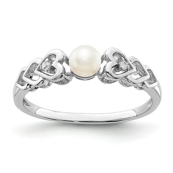 White Sterling Silver Ring Band Gemstone (06) June Pearl Freshwater Round Diamond