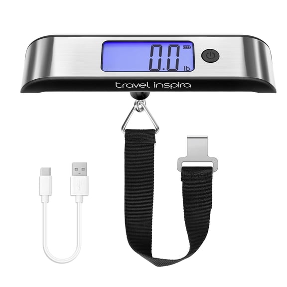 Travel Inspira Rechargeable Luggage Scale 110lb/50kg - Large Backlit Display - Stainless Steel - Portable Digital Hanging Scale for Suitcases, Bags, Packages (USB -C Charging Included)
