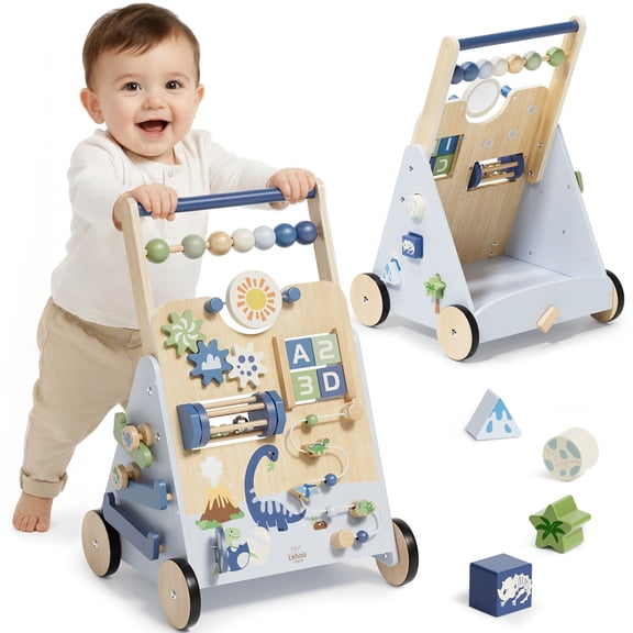 Baby Push Walker, Wooden Baby Walking Toys for 1 Year Old, Adjustable Speed Walker for Baby Boy Girls, Dinosaur Toddler Walker, Montessori Walker Toy, Sit to Stand Walker with Baby Activity Center