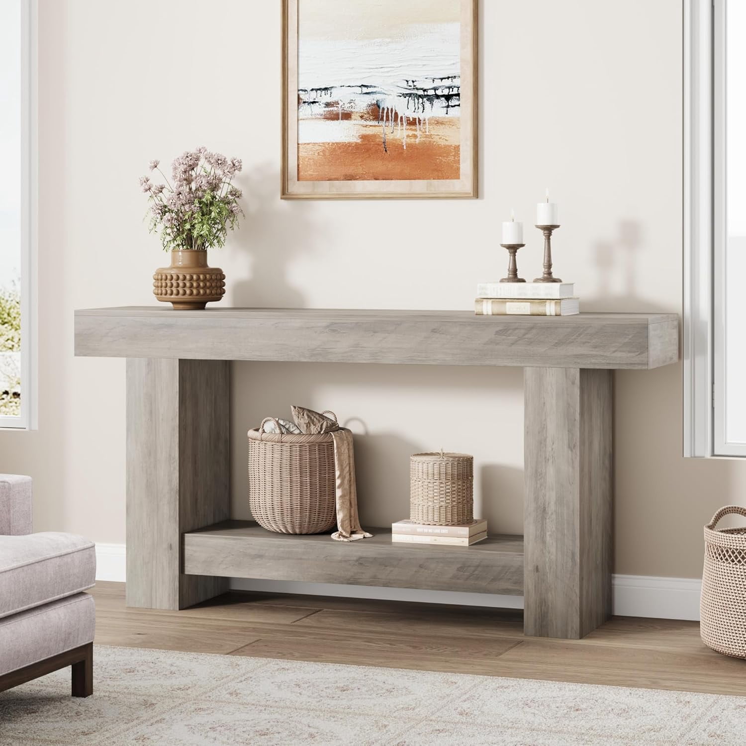 Huisuilinss Hall Console Table, 47" Modern Minimalist Narrow Sofa Display Accent Entry Accent Table Farmhouse Hallway Table with 2-Tier Storage Shelf for Living Room, Entryway, or Hallway