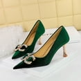 thumbnail image 3 of Zapatos de tacón alto para mujer, de banquete, de boca baja, puntiagudos, de gamuza, clásicos, con hebilla de diamante de agua y lazo, para boda con un solo tacón, 3 of 4
