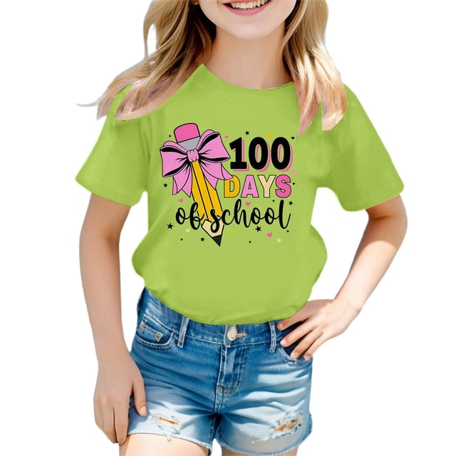 FAOWME T-Shirt Mode Enfant Col Rond Imprimé Cœur Manches Courtes Vert Clair 8-9 Ans