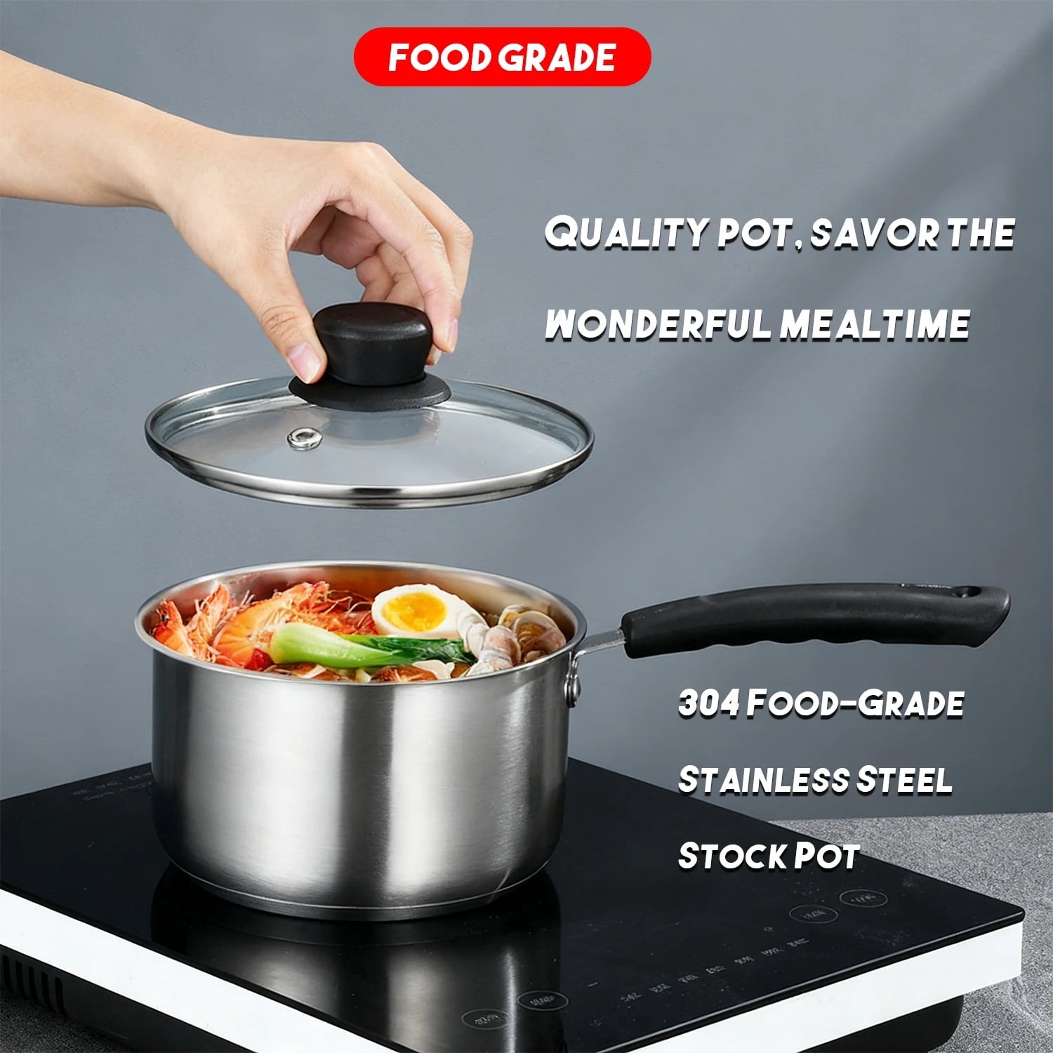 JOGGEIL Sauce Pan Set with Lids, 4 Piece Silver Stainless Steel Small Pot Set, Durable Cookware Multipurpose Stock Pots Set for Home Kitchen