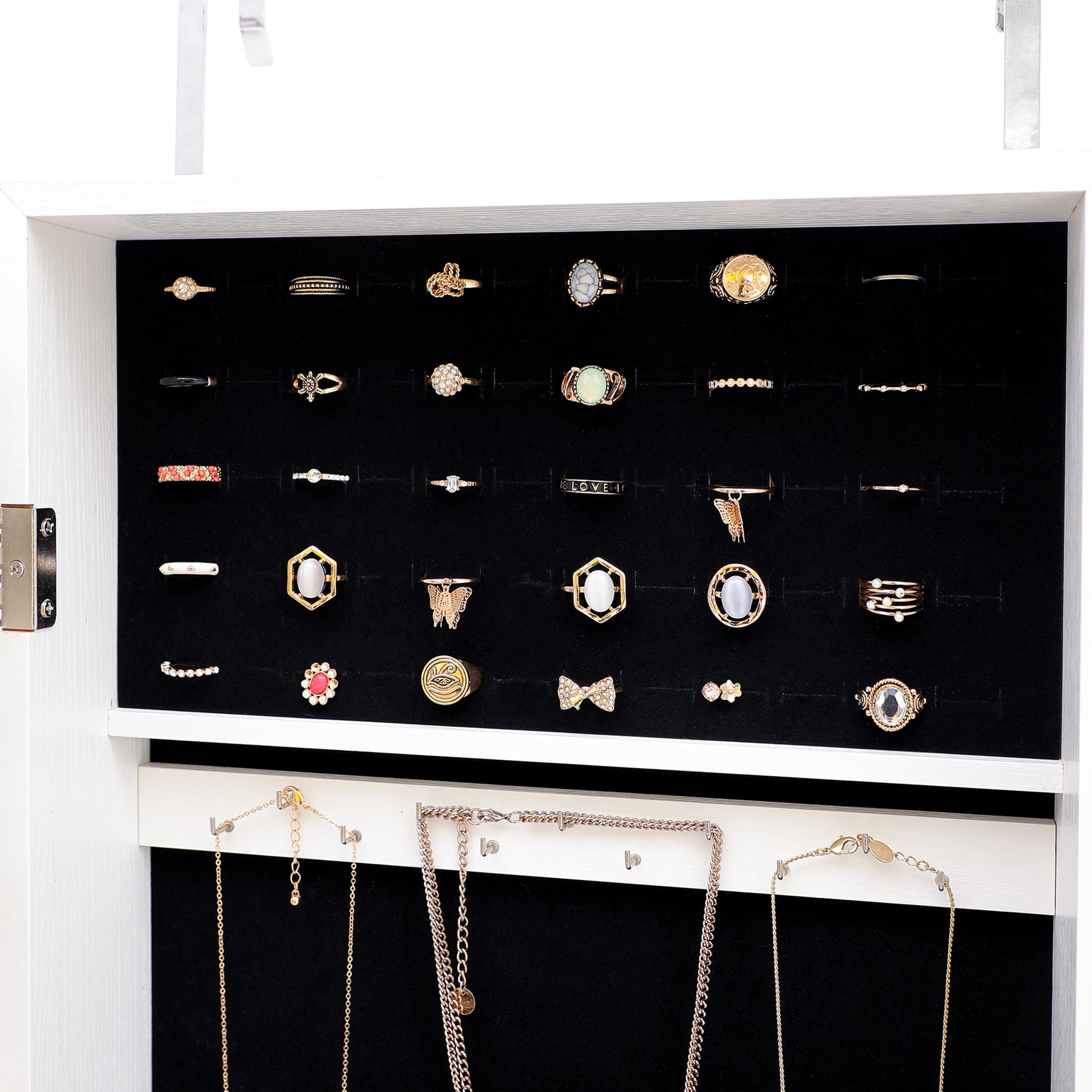 Resenkos Mirrored Jewelry Cabinet with Storage Drawer, Door/Wall Jewelry Armoire White Resenkos Mirrored Jewelry Cabinet with Storage Drawer, Door/Wall Jewelry Armoire White