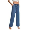 thumbnail image 2 of Womens Solid High Waisted Loose Jeans Elastic Waistband with Drawstring Denim Pants Casual Trousers Pull on Jeans for Women Stretchy Pants, 2 of 9