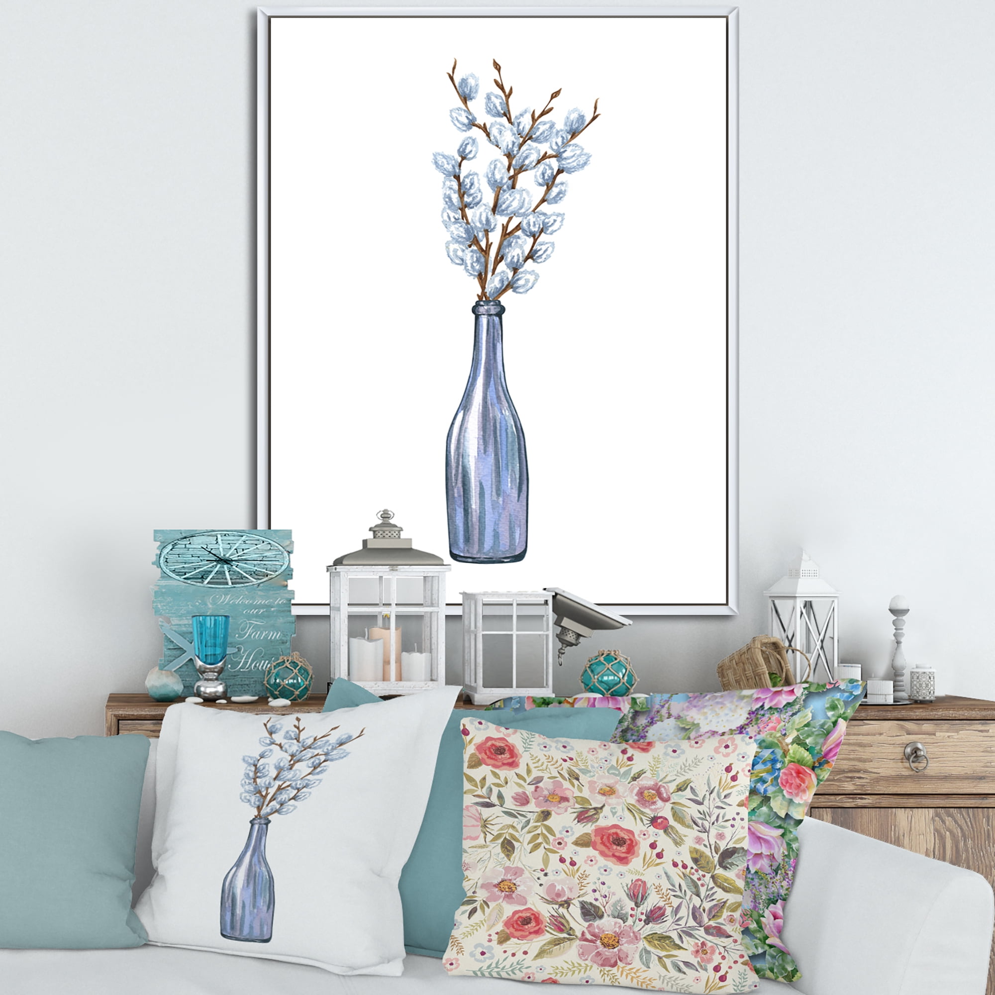 Designart 'Bunch of White Pussy Willow Twigs II' Farmhouse Framed Canvas Wall Art Print