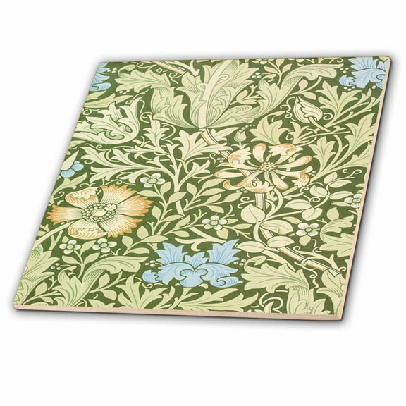 3dRose, Image of William Morris Green And Blue Floral Pattern, 4 Inch Ceramic Tile