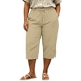 thumbnail image 5 of Women's Plus Size Casual Solid Lace Trim Drawstring 3/4 Pants, Cotton Linen Blend Summer Capris, Soft Elastic Waist Side Pockets, Lightweight Breathable for Work Walking | TruHer,Khaki L, 5 of 6