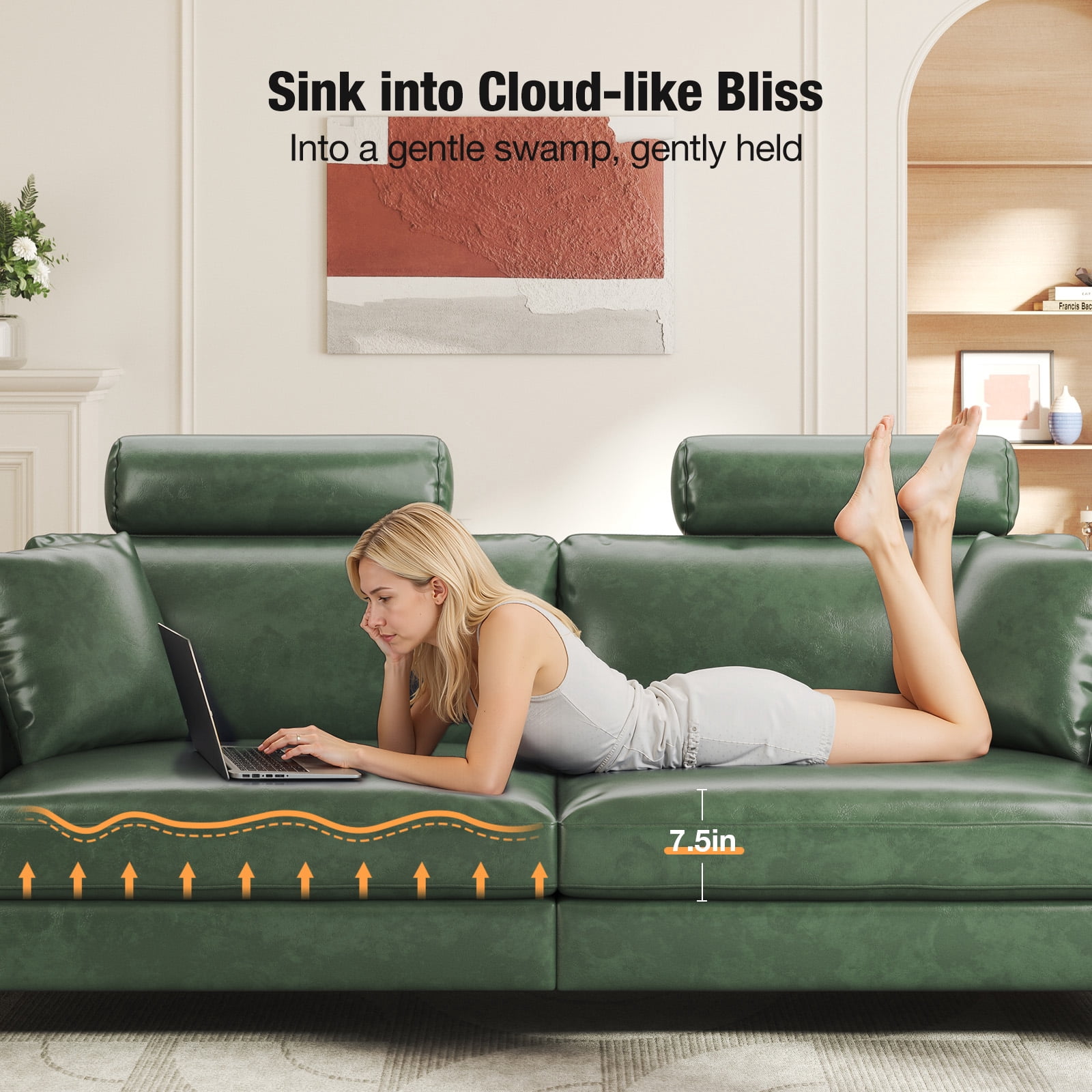 87" Couch Premium PU Leather Sofa with Headrest, Comfy 27" Extra Deep Seat 3 Seater Couch for Living Room, Includes 2 Pillows, Green