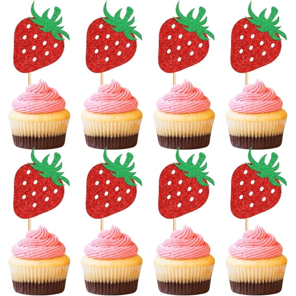 Red Glitter Strawberry Cupcake Toppers, 12 Pack Picks, Strawberry or Fruit Themed Birthday Party Cake Decor Supplies