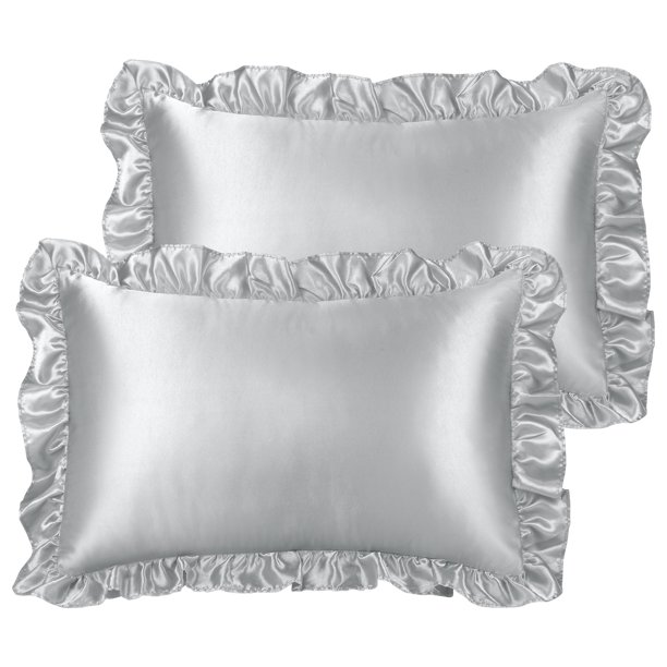 Funda de Almohada PiccoCasa Satén de Volantes Juego de 2 51x76cm Plata