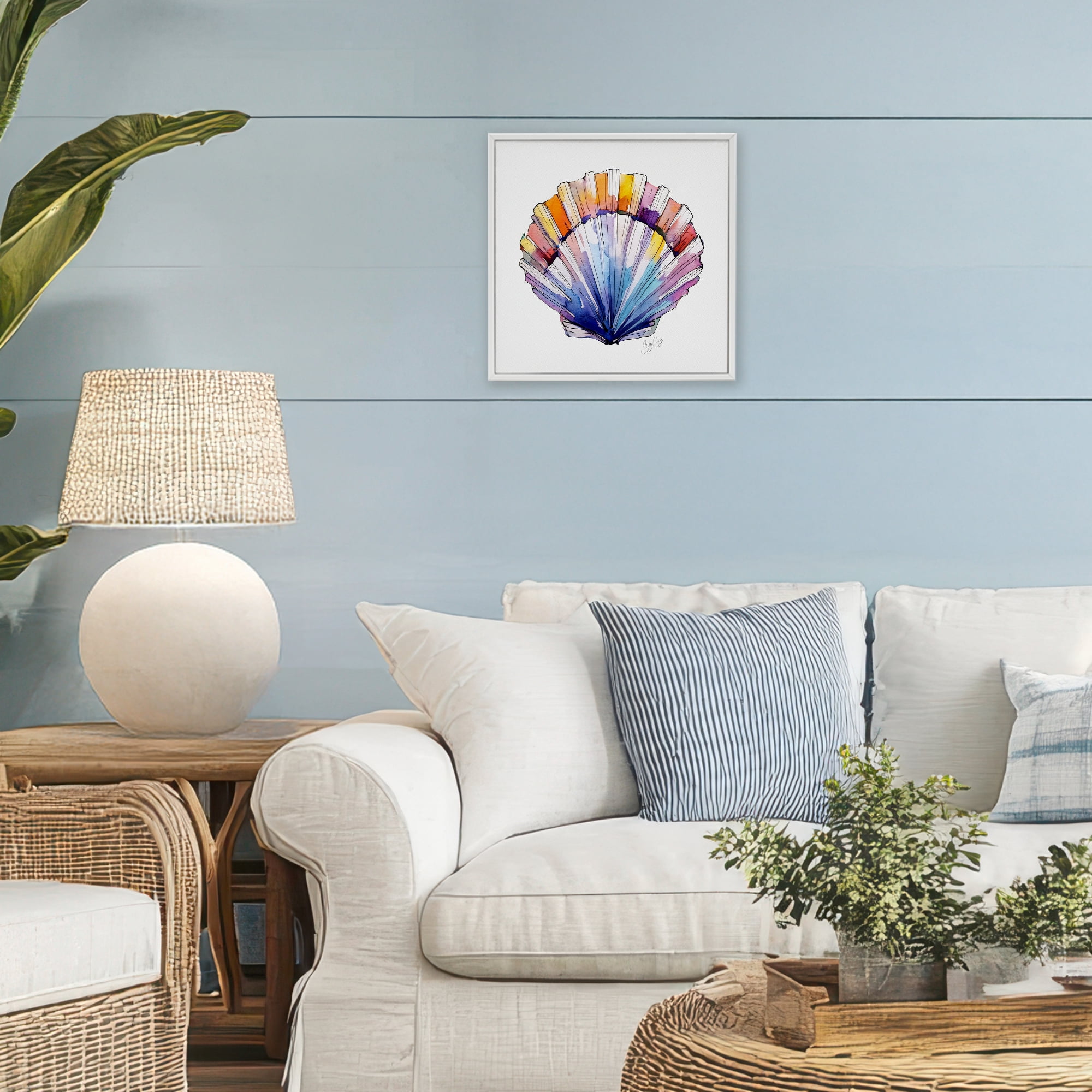 Stupell Industries Coastal Scallop Watercolor White Framed Giclee Art, design by Shelly Craig