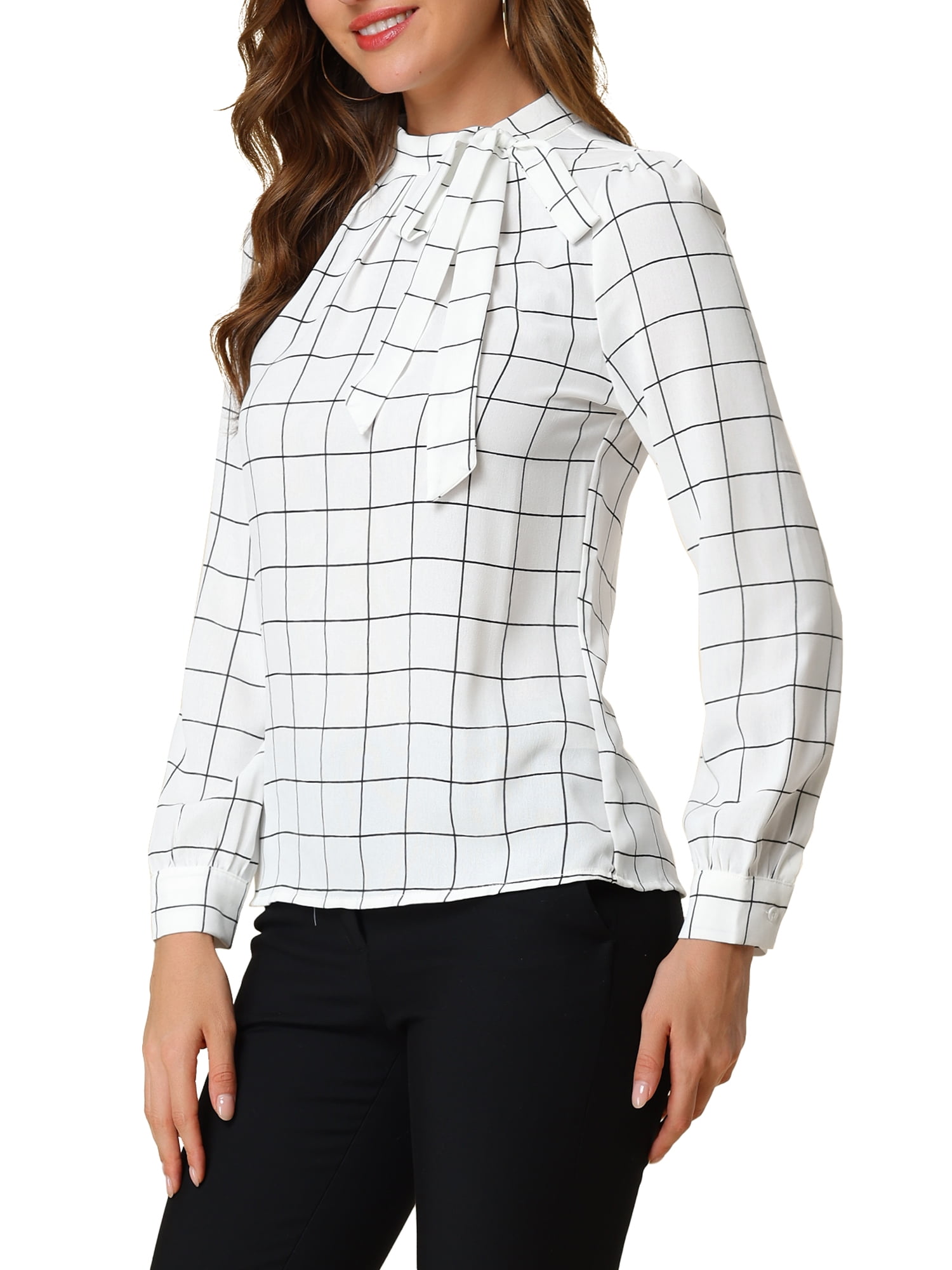 DARING DIVA Bow-Tie Neck Office Work Checks Shirt Top M White