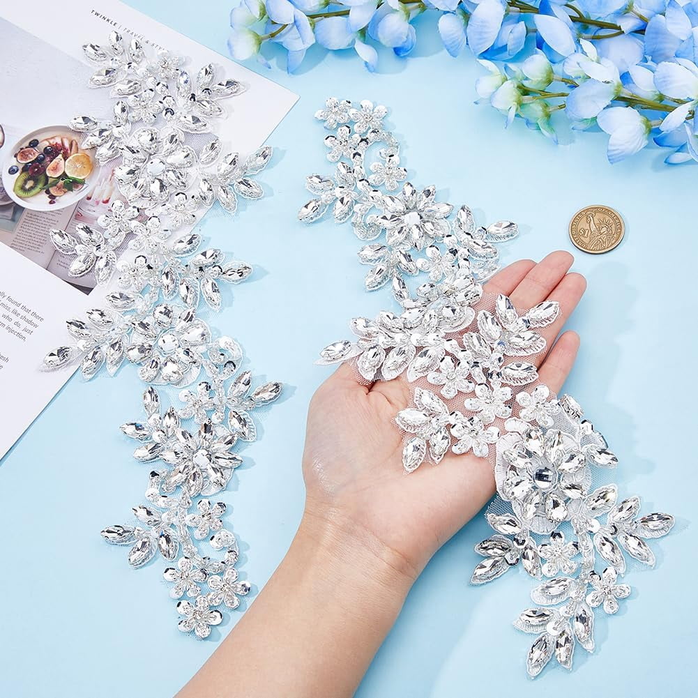 2Pcs Flower Lace Bead Applique Rhinestone Lace Appliques Sparkly Beaded Appliques Embroidery Floral Patch Sewing Beads Trim Patch Handmade Appliques