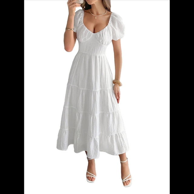 Vestido Midi Informal de Verano para Mujer, con Mangas , Escote en V, Fruncido y Volantes Escalonados. XL