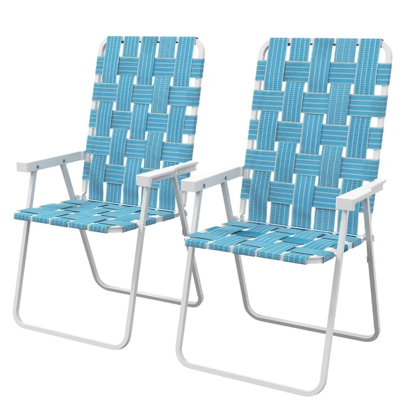 Set of 2 Blue Folding Patio Chairs, Lightweight Steel Frame Lawn Chairs with Armrests and Breathable Woven Straps for Camping, Garden, Beach, Backyard, 22.4"W x 24.8"D x 36.2"H