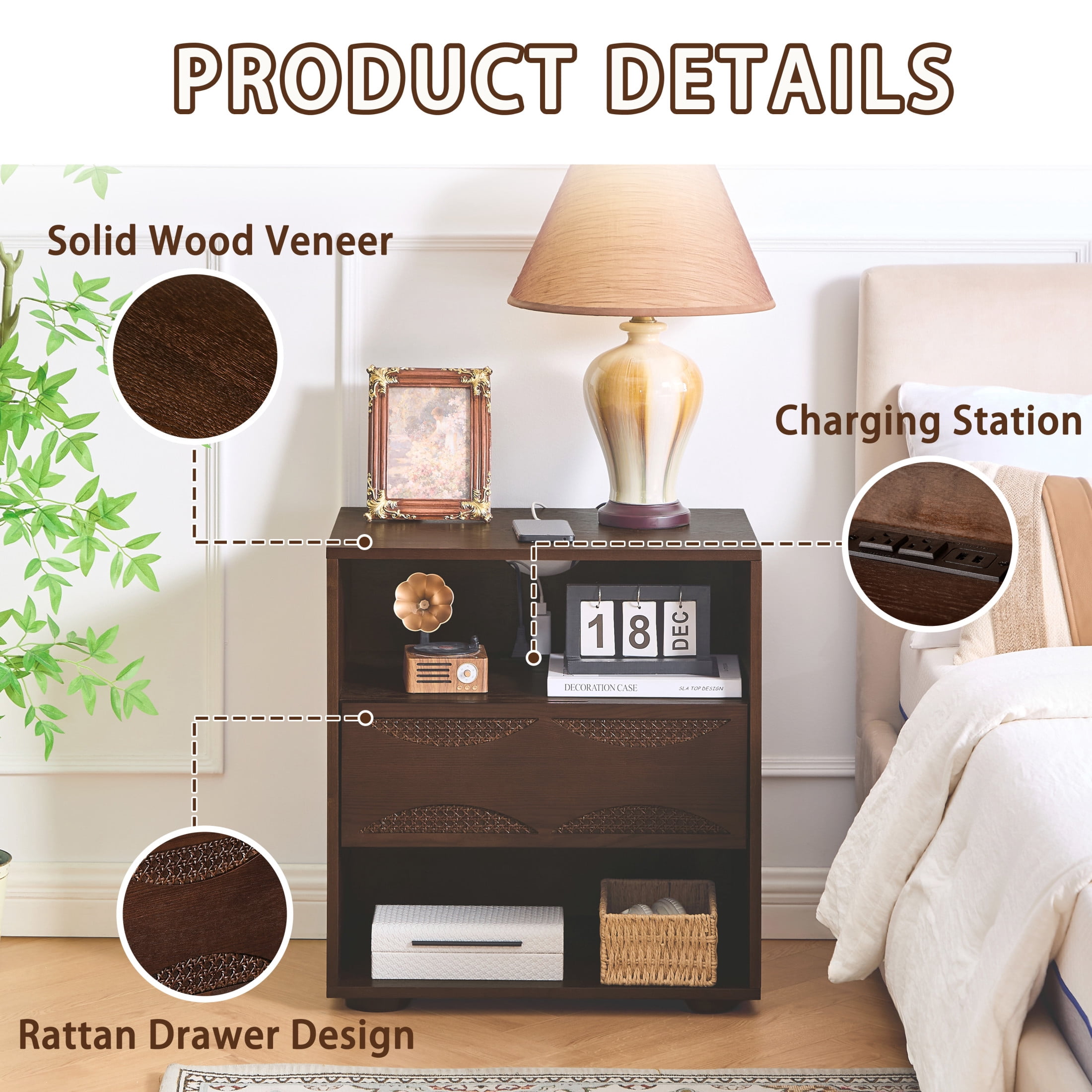 GDF Studio 23.2" Mid Century Modern Rattan Nightstand with Charging Station, Drawer & 2 Open Shelves, Walnut