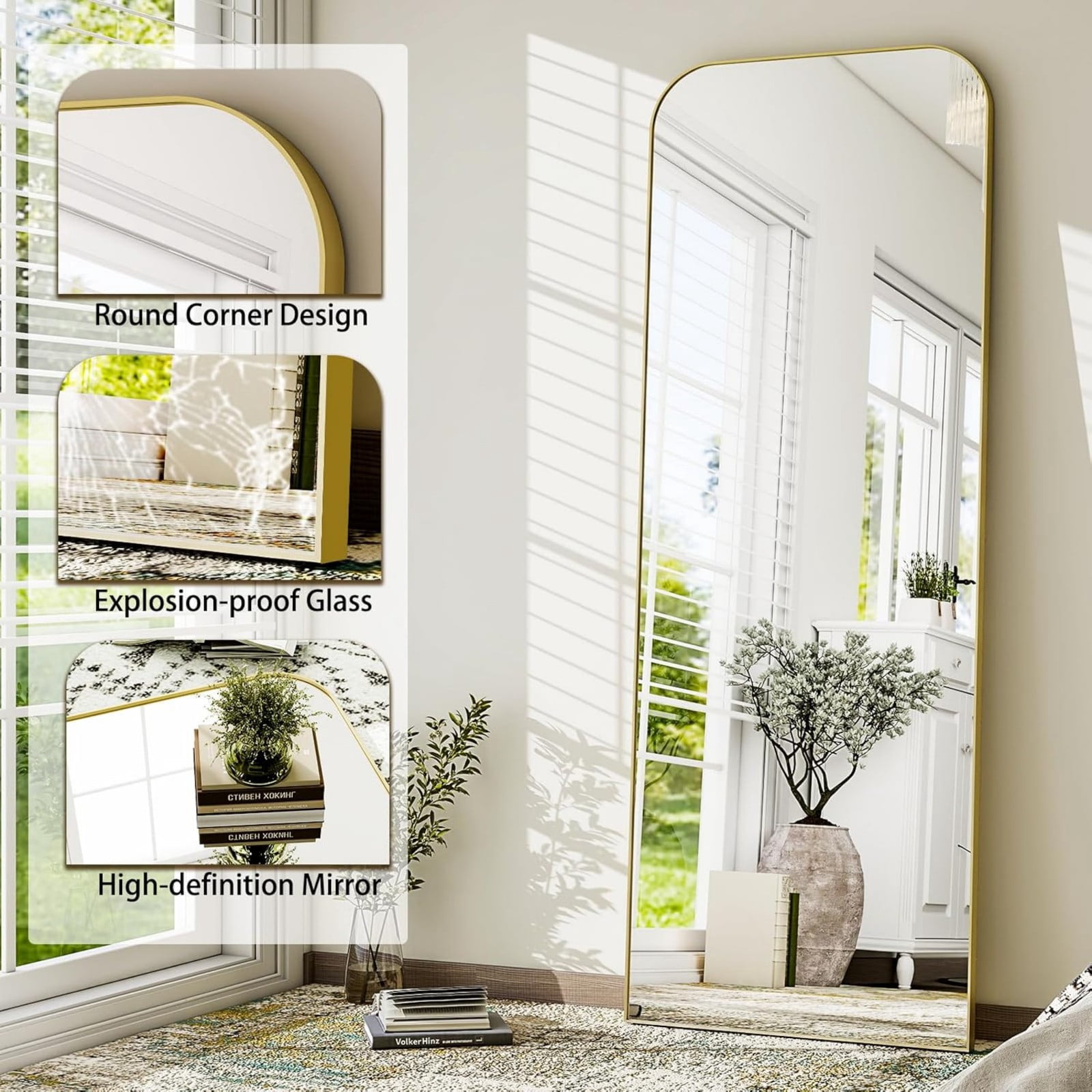 AUROMIR 64"x21" Arched Full Length Mirror Freestanding Floor Mirror with Metal Frame, Gold
