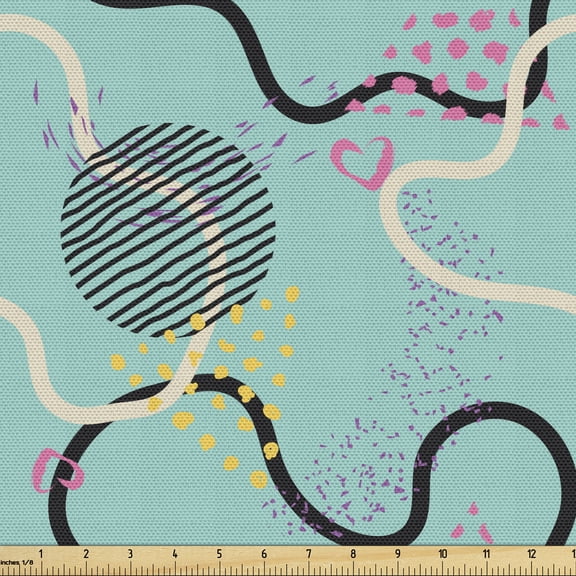 Cartoon Sofa Upholstery Fabric by the Yard, Modern Continuous Abstract Pattern with Swirls Spots and Hearts Print, Decorative Fabric for DIY and Home Accents, Seafoam and Multicolor by Ambesonne