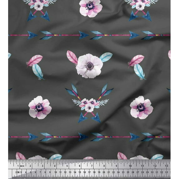 Soimoi Grey Rayon Fabric Arrow & Anemone Floral Printed Craft Fabric by the Yard 56 Inch Wide
