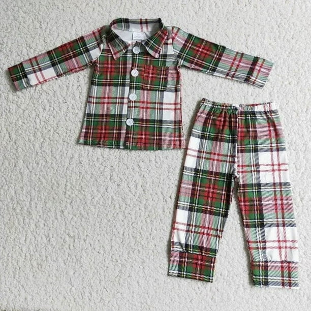 Pijamas de Navidad para nina ropa de Papa Noel camisa con volantes conjunto de pantalones a cuadros atuendo infantil de Boutique venta al por mayor Walmart en linea