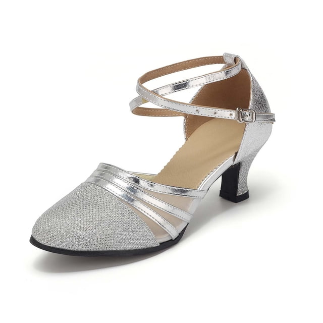 Women Slingback Heels Rhinestone Strap Buckle Round Toe PU Upper Rubber Sole Comfortable Mid Heel Latin Dance Shoes