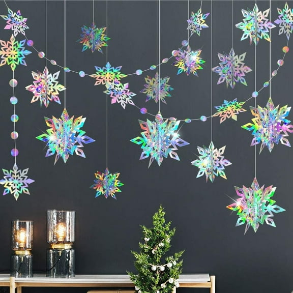 Cheerland 3D Shiny Iridescent Snowflake Garland, 13 ft, Winter Wonderland Frozen Theme Party Supplies