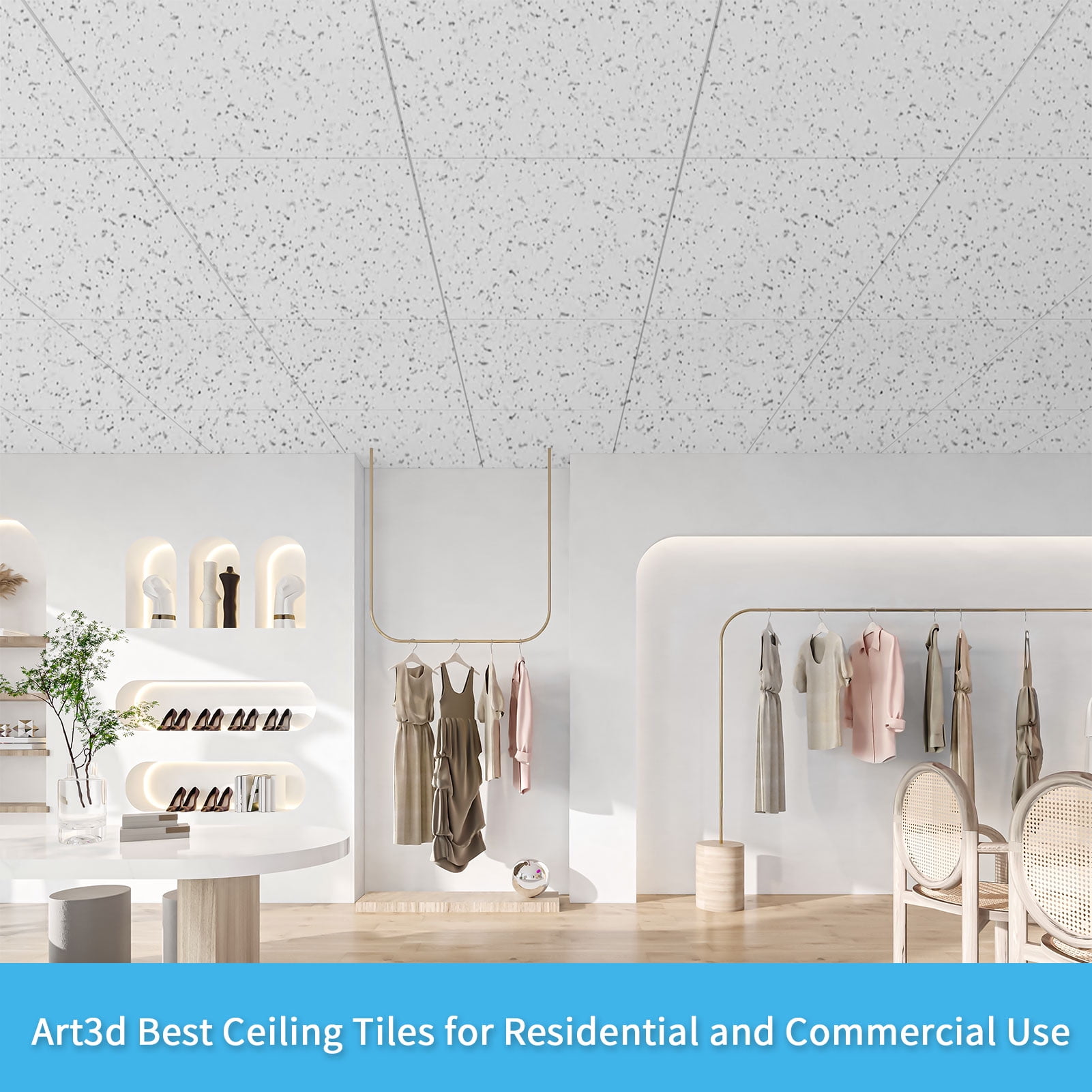Art3dwallpanel 12-Pack 2x2ft Waterproof Ceiling Tiles, Acoustic, No-Sag Panels for Basement & Office,White Stucco Printing