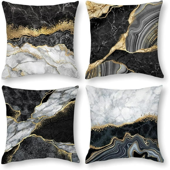 Housses de Coussin Texture Marbre Noir et Or, Ensemble de 4, 18 X 18 Pouces, Taies d'Oreiller Décoratives Or et Noir Gris pour Canapé, Sofa, Chambre, Salon, Housse de Coussin Luxueuse pour Maisons Élégantes