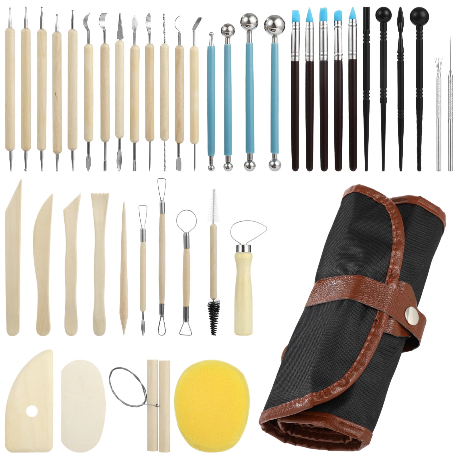 43 Pcs Pottery Tool Set for Sculpting, Double Sided Ceramic Clay Carving Tools with Carrying Bag, Wooden and Stainless Steel Modeling Tools for Clay, Polymer, Ceramics, DIY Art Projects