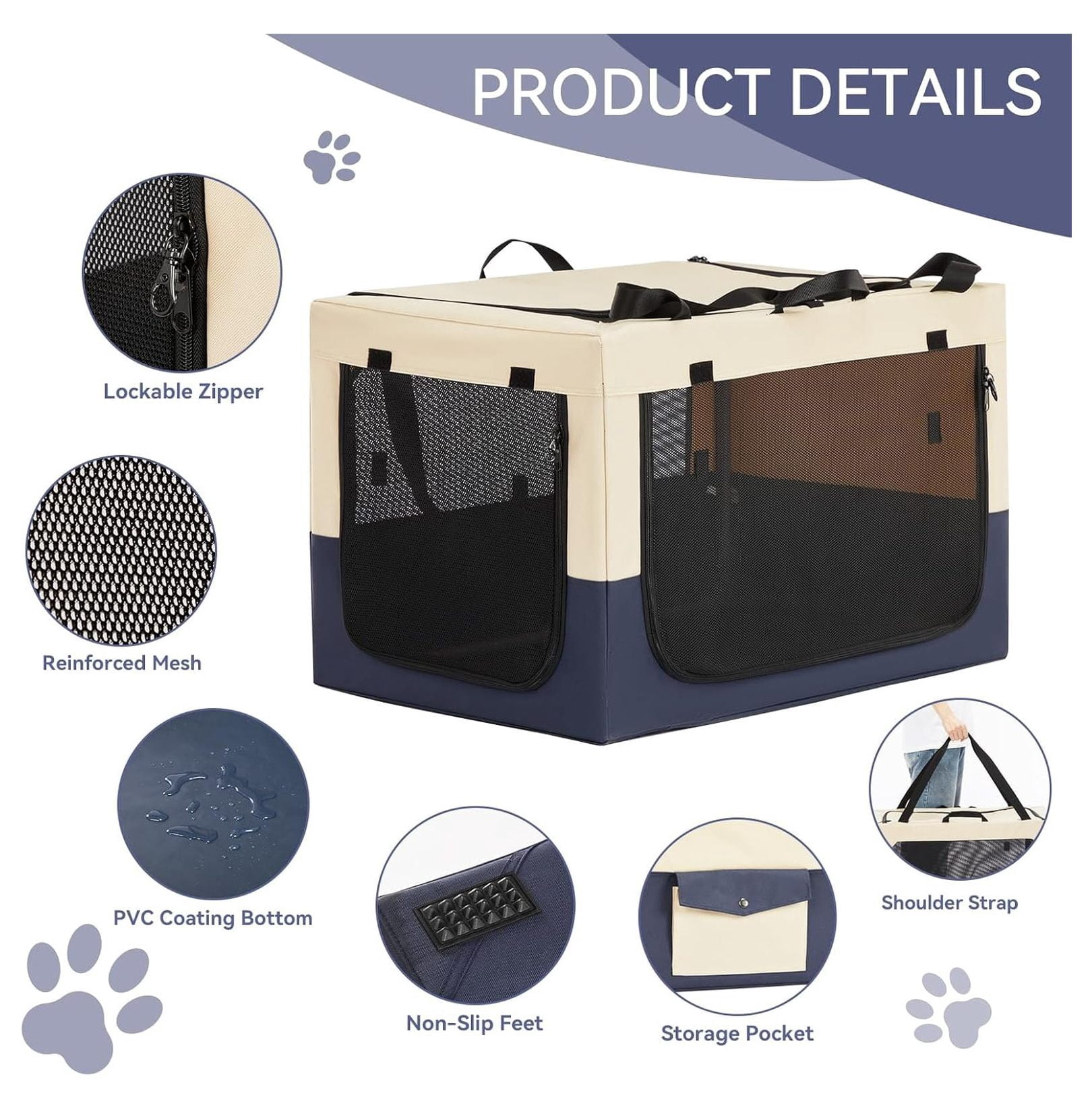 30" Soft Portable Dog Crate – Patented Spiral Sturdy Frame, Collapsible Travel Kennel for Medium Dogs, 3 Mesh Door, Lockable Zippers, Indoor & Car Use Navy Blue