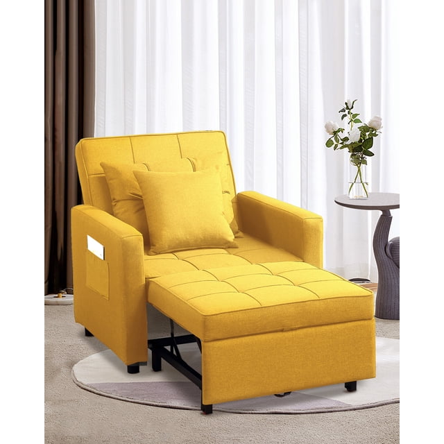 BIGSYY Canapé-Lit Pliant 3-en-1 Réglable pour Adultes, Fauteuil-Lit Moderne en Lin avec Lit Escamotable (Lin Jaune)