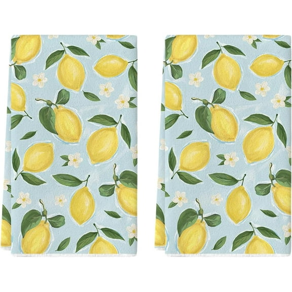 Blue Lemon Flower Floral Summer Kitchen Towels Dish Towels, 18x26 Inch Seasonal Spring Decoration Hand Towels Set of 2