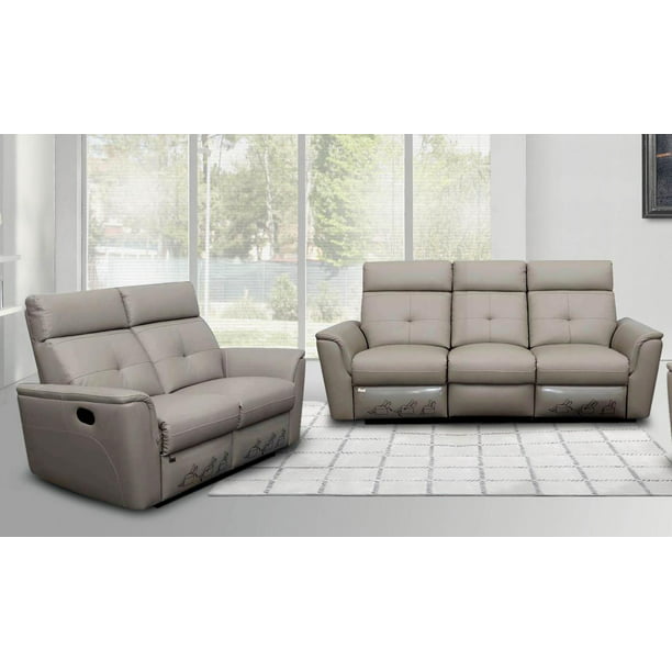 Contemporary Light Grey Italian Leather, Italian Leather Reclining Sofa Set