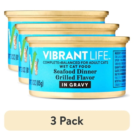(3 pack) Vibrant Life Seafood Dinner Grilled Flavor in Gravy Wet Cat Food, 3 oz Can
