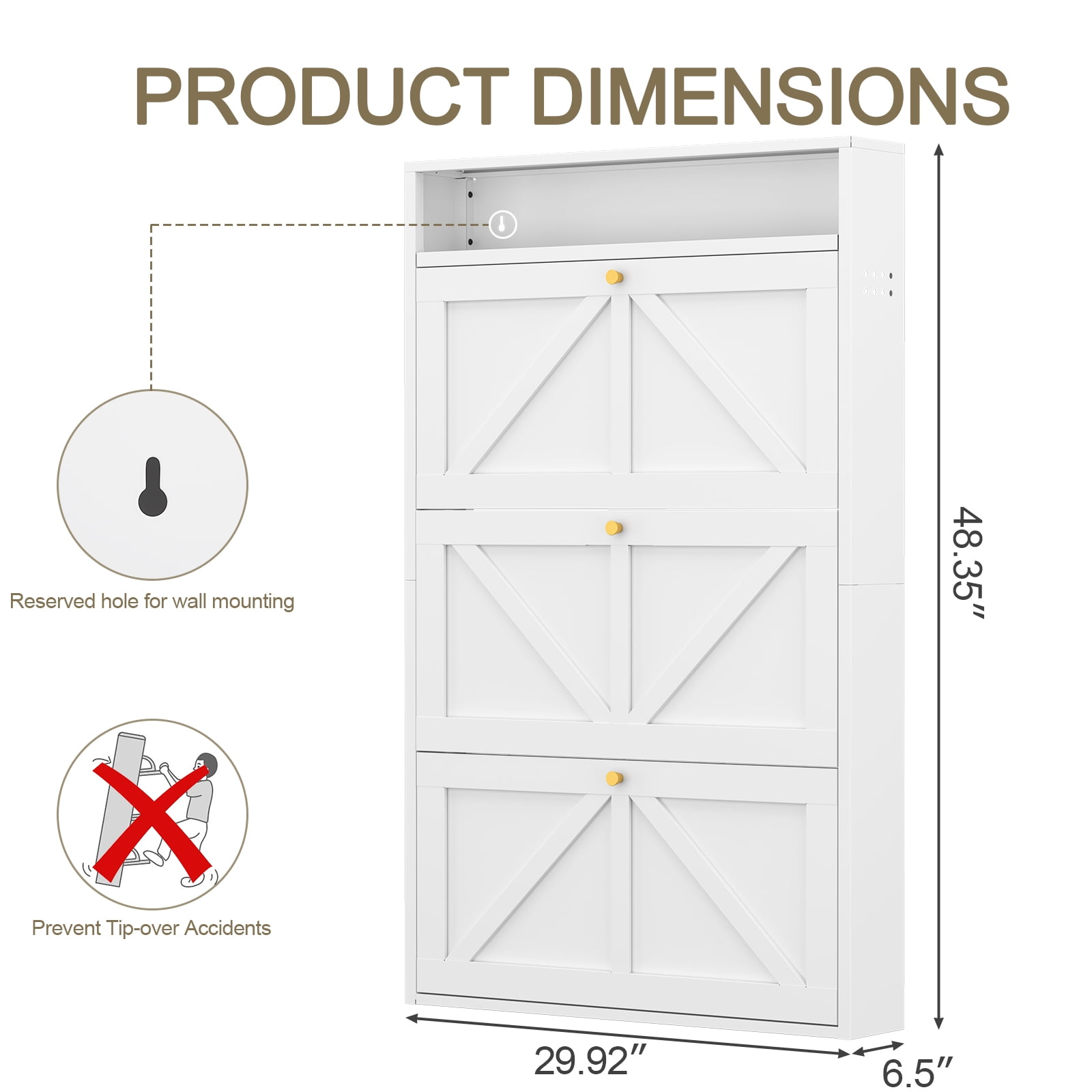 Aisword Modern Metal Shoe Cabinet with 3 Flip Drawers & Open Shelf,Narrow Slim Wall-Mounted Hidden Shoe Organizer Shoe Rack for Entryway,White